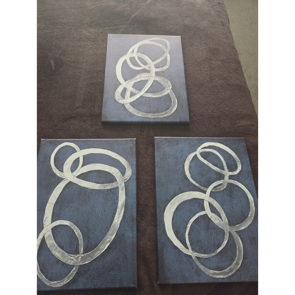 Set of 3 Modern Abstract Blue‎ and Silver Circle Canvas Prints Contemporary